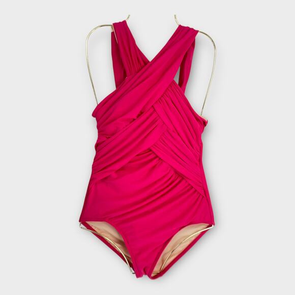 Miraclesuit Criss Cross High Neck Halter Wrap One Piece Fuchsia Pink Swimsuit - Picture 1 of 7